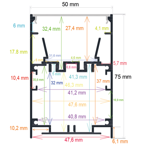[165075] Profilé LED en saillie avec option suspendue, 50 mm x 75 mm