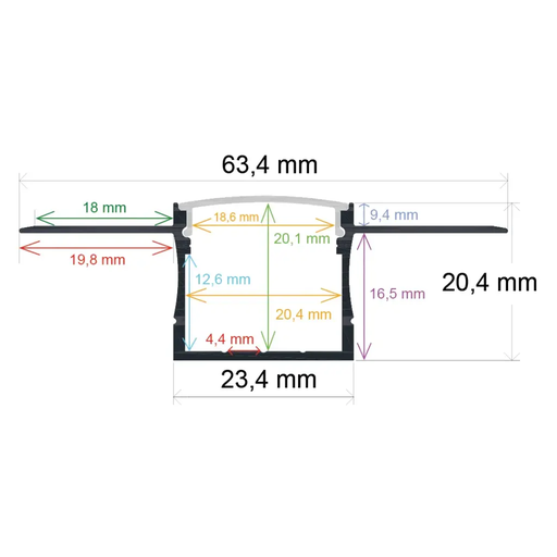 [166320] Perfil LED para empotrar en una obra de 63,4 mm x 20,4 mm