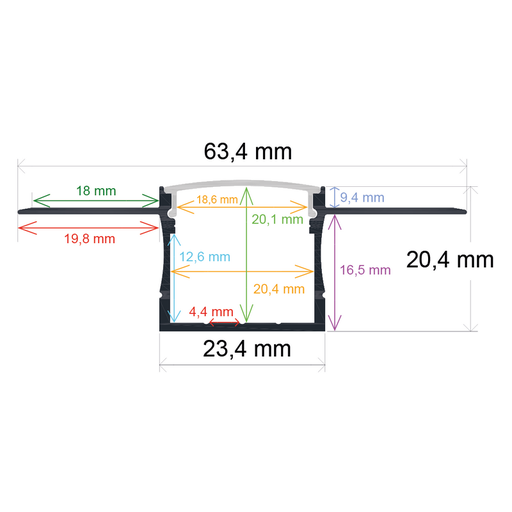 [166320] Perfil LED para empotrar en una obra de 63,4 mm x 20,4 mm