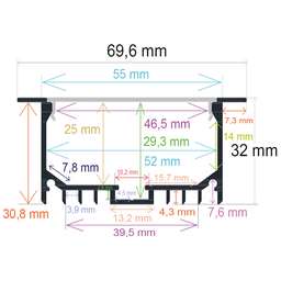 [167032] Perfil LED empotrable en techos o paredes de 69,6 mm x 32 mm