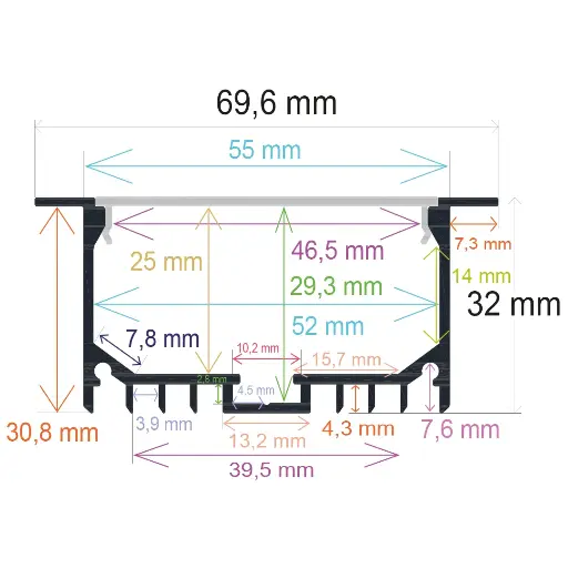 [167032] Perfil LED empotrable en techos o paredes de 69,6 mm x 32 mm
