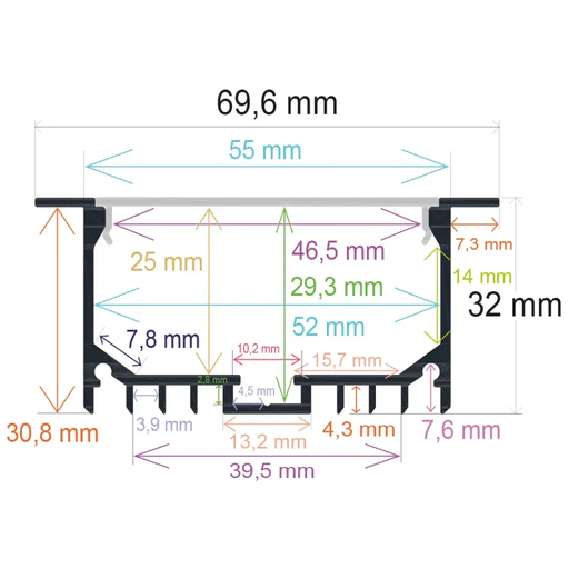 [167032] Recessed LED profile for ceilings or walls, 69.6 mm x 32 mm