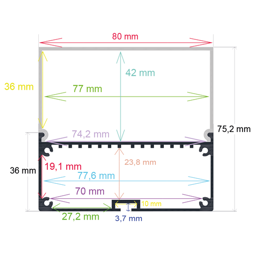 [168075] Oberflächenmontiertes LED-Profil mit Hängeoption, 80 mm x 75,2 mm