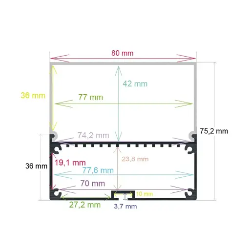 [168075] Oberflächenmontiertes LED-Profil mit Hängeoption, 80 mm x 75,2 mm