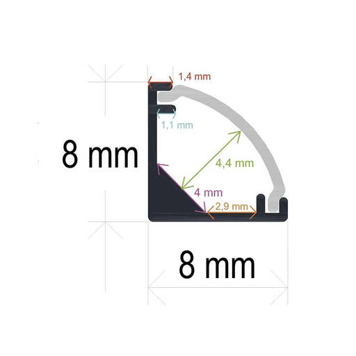[16881] Extra dünnes LED-Eckprofil mit gebogenem Diffusor, 8 mm x 8 mm
