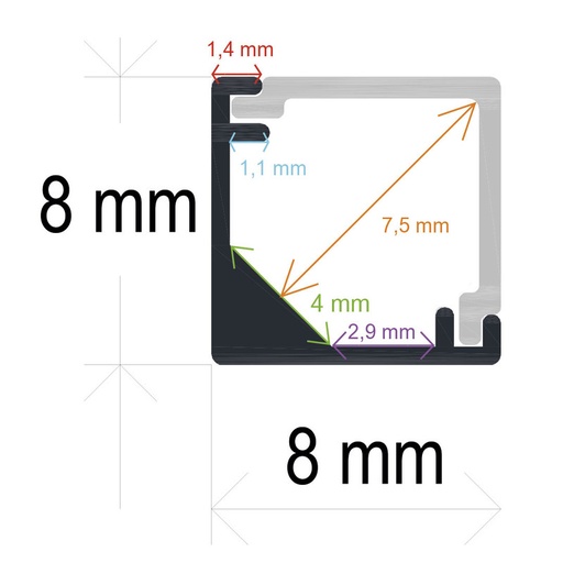 [16882] Profilé LED d’angle extra fin avec diffuseur à angle droit, 8 mm x 8 mm
