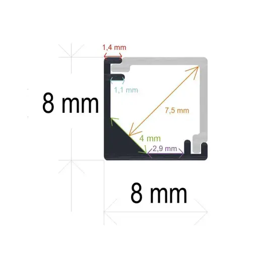 [16882] Profilo LED angolare ultra sottile con diffusore ad angolo retto, 8 mm x 8 mm