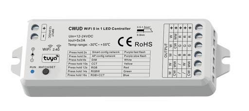 [201236] Controlador Wifi & RF 5 en 1 para tira monocolor, bicolor, RGB, RGBW y RGB+CCT. CWUD (SMARTPHONE Y ALEXA)