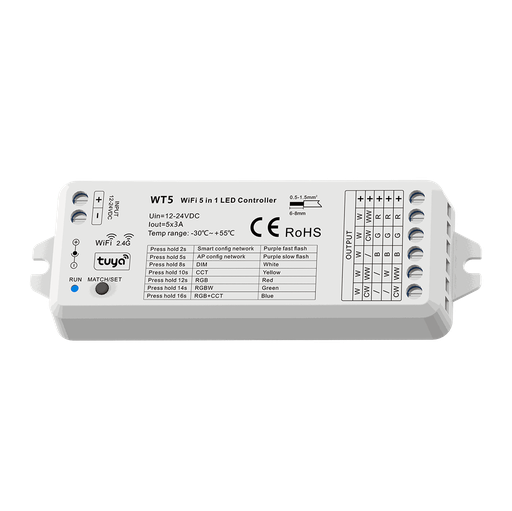 [201236] Controlador Wifi 5 en 1 para tira monocolor, bicolor, RGB, RGBW y RGB+CCT